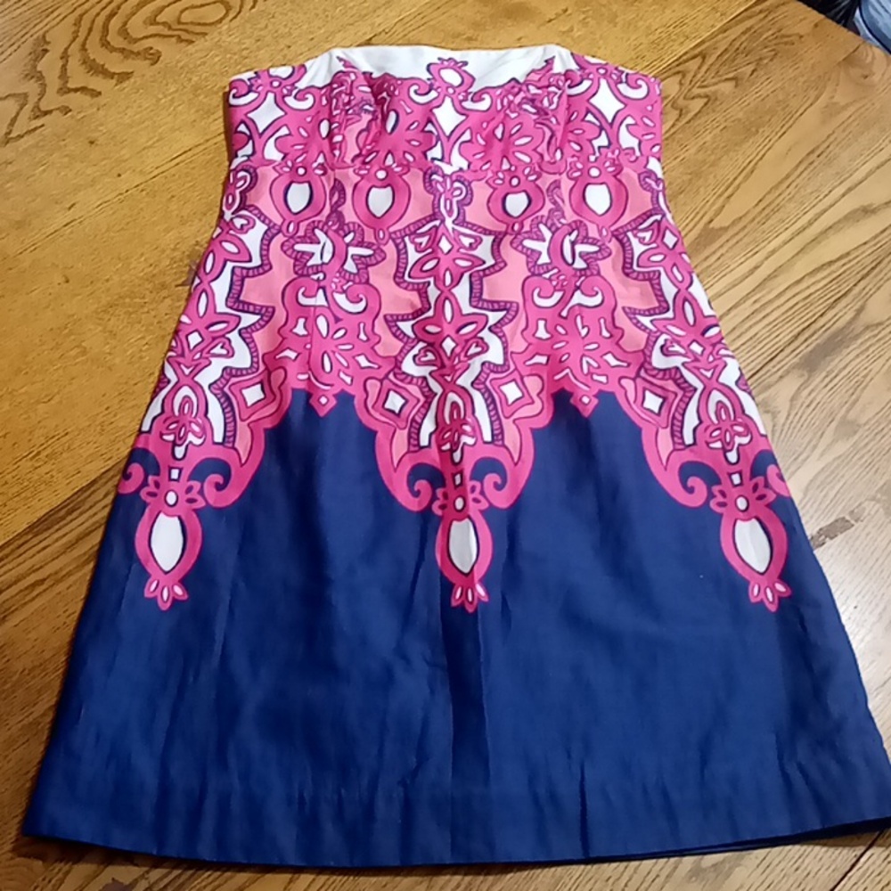 LILLY PULITZER Womens Dress 2 SHORT NAVY BLUE Pink Preowned Strapless Floral